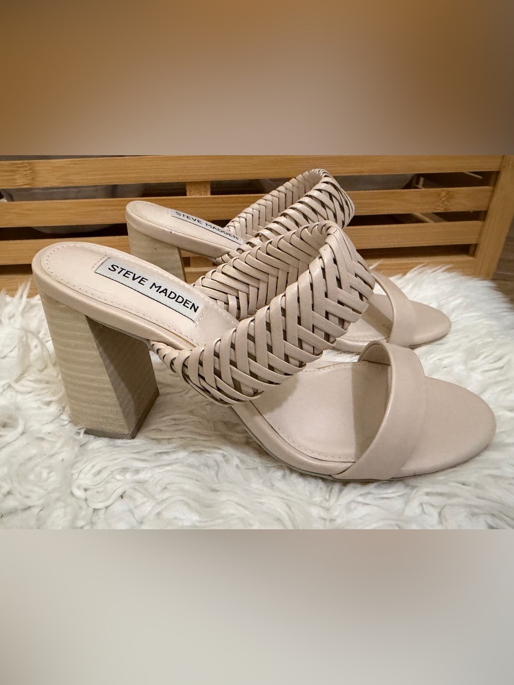 Steve Madden Nude Woven Block Heel Mule Sandals Size 8